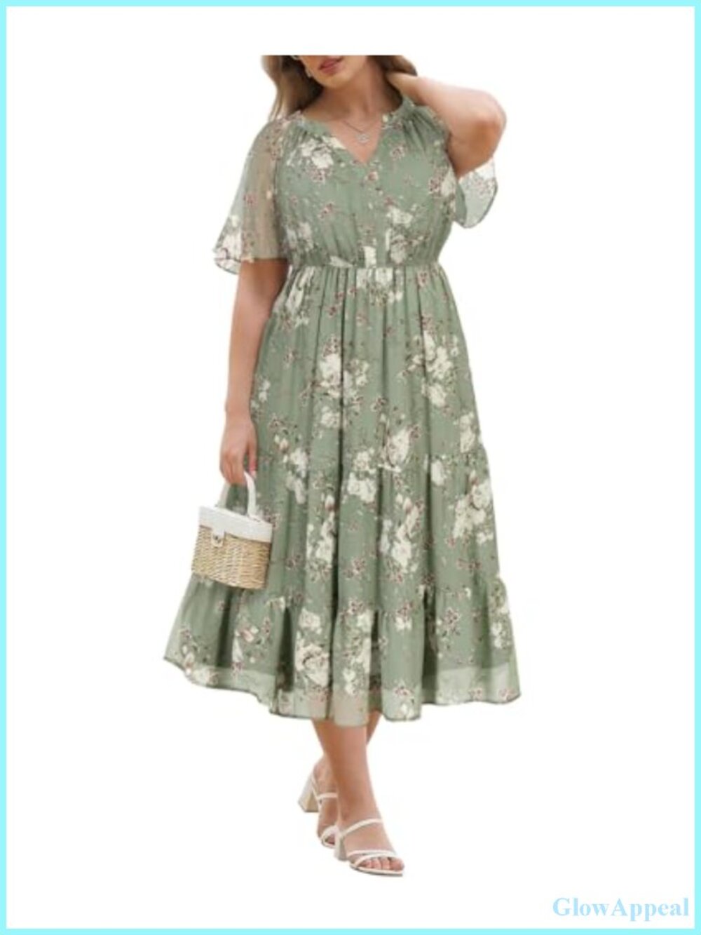 Plus Size Floral Chiffon Midi Dress V-Neck Short Sleeve with Pockets
